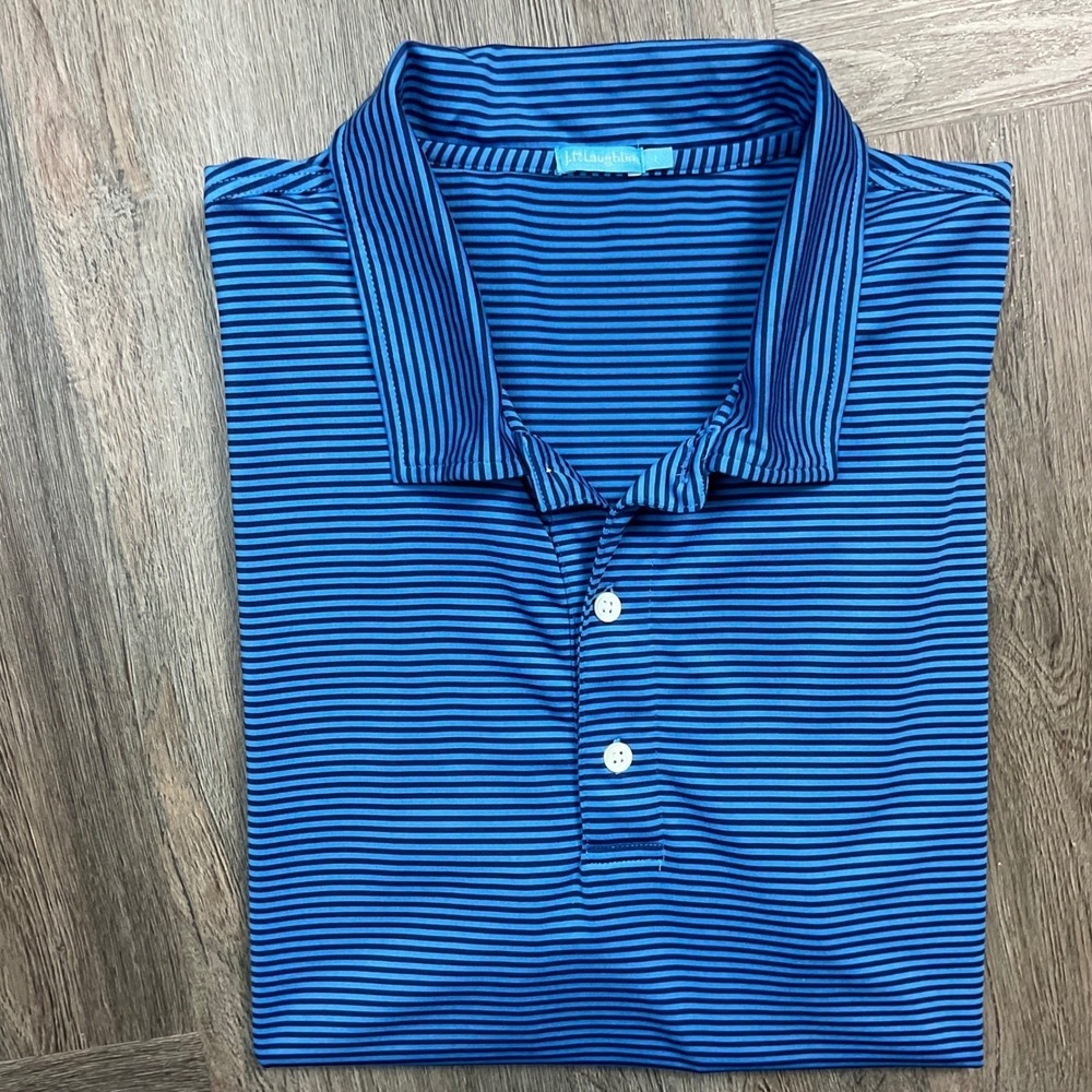 J.McLaughlin Polo Shirt Mens Large Blue Striped Performance Golf Tennis Classic